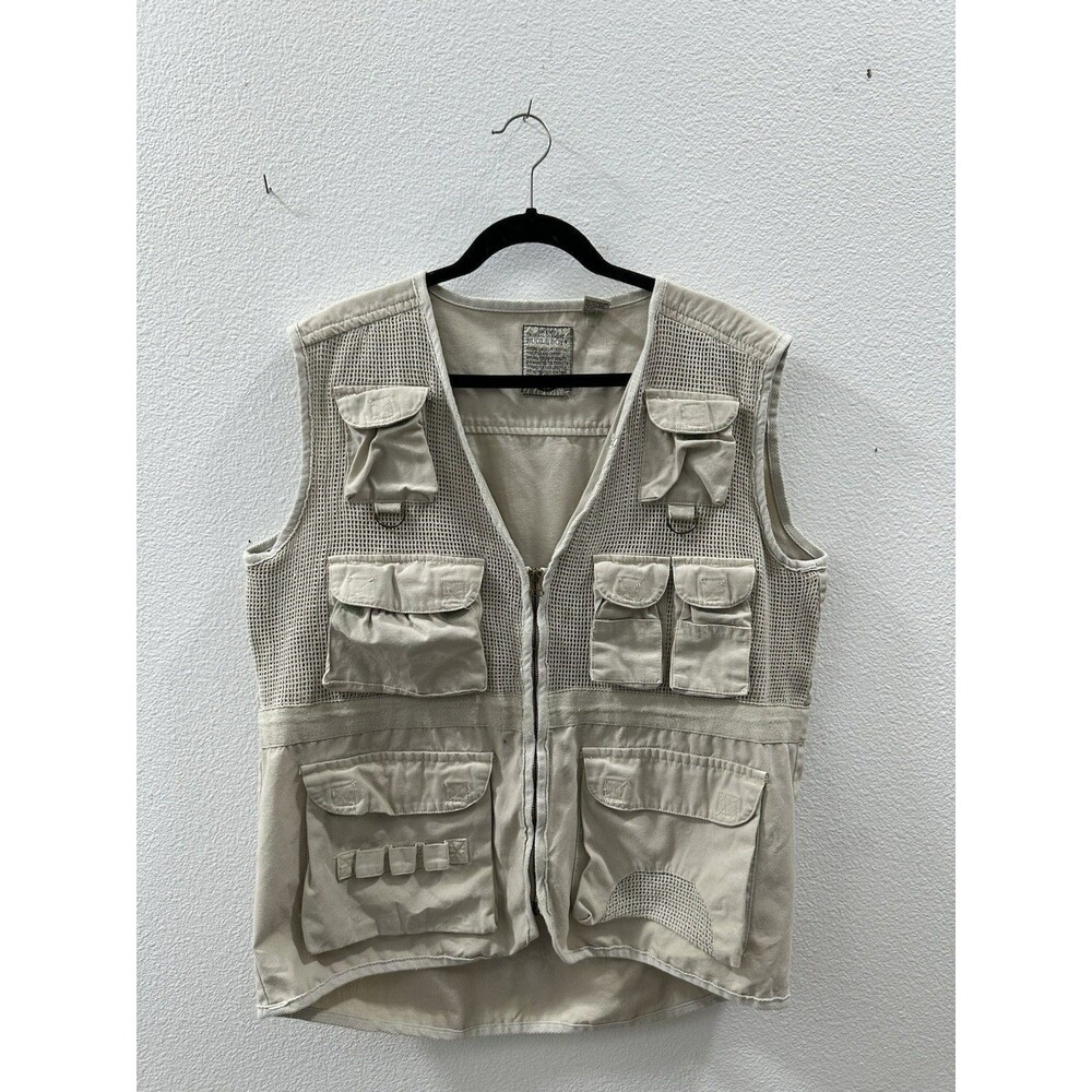 Bugle Boy Zip Up Fishing Vest Netting and Pockets Large Khaki